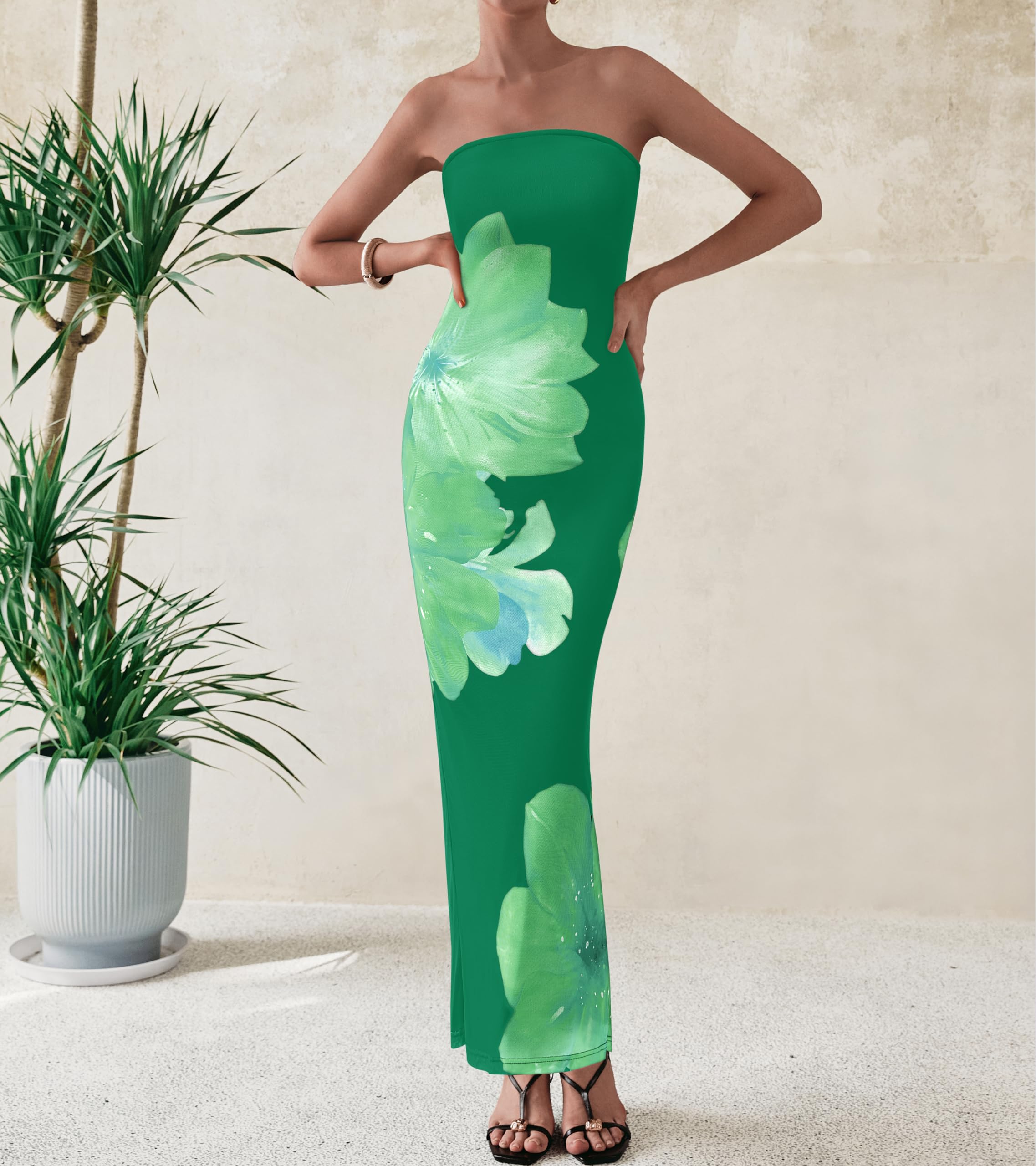 Foto 4 pulgar | Vestido Largo Prettygarden Para Mujer, Sin Tirantes, Floral, Verde, Xl - Venta Internacional.