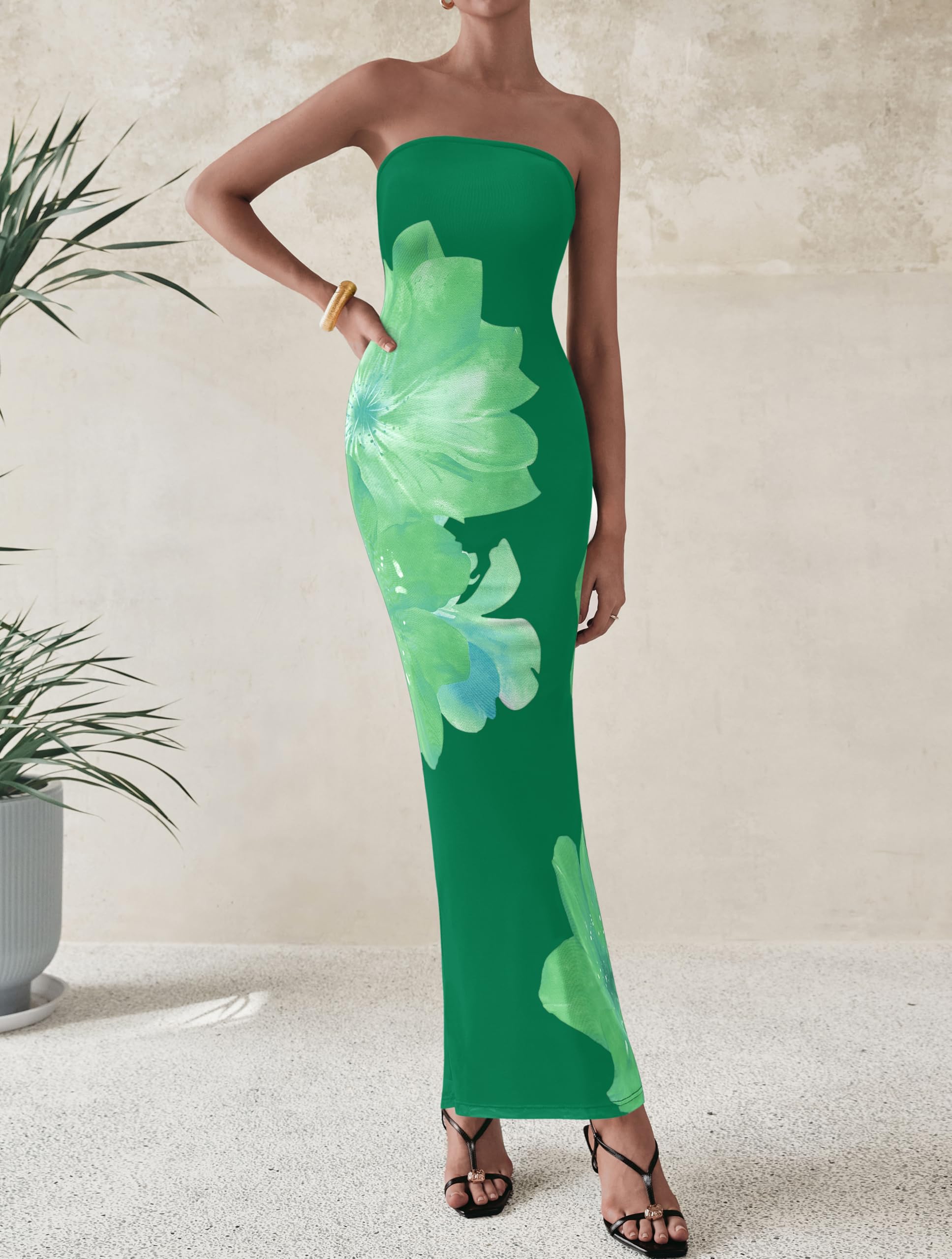 Foto 4 | Vestido Largo Prettygarden Para Mujer, Sin Tirantes, Floral, Verde, Xl - Venta Internacional.
