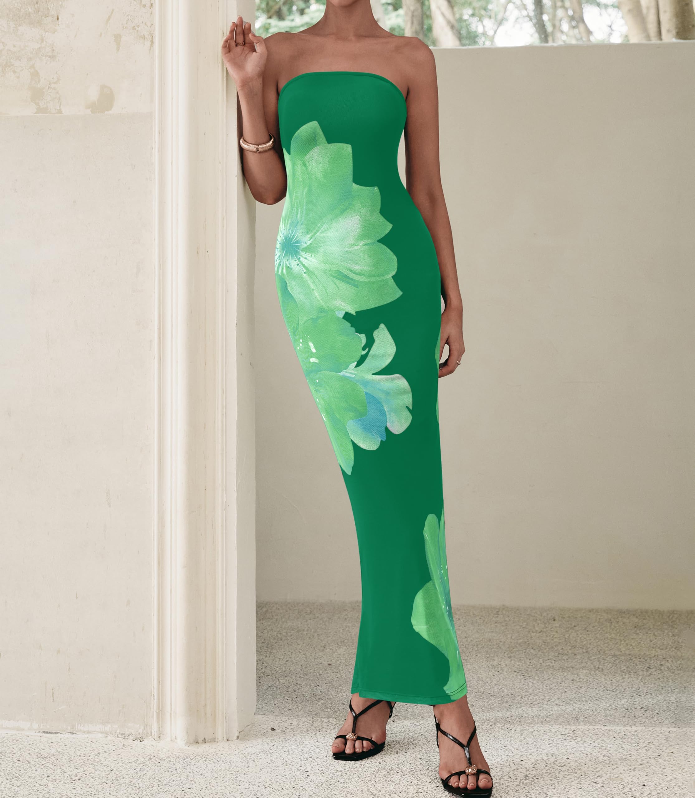 Foto 6 pulgar | Vestido Largo Prettygarden Para Mujer, Sin Tirantes, Floral, Verde, Xl - Venta Internacional.