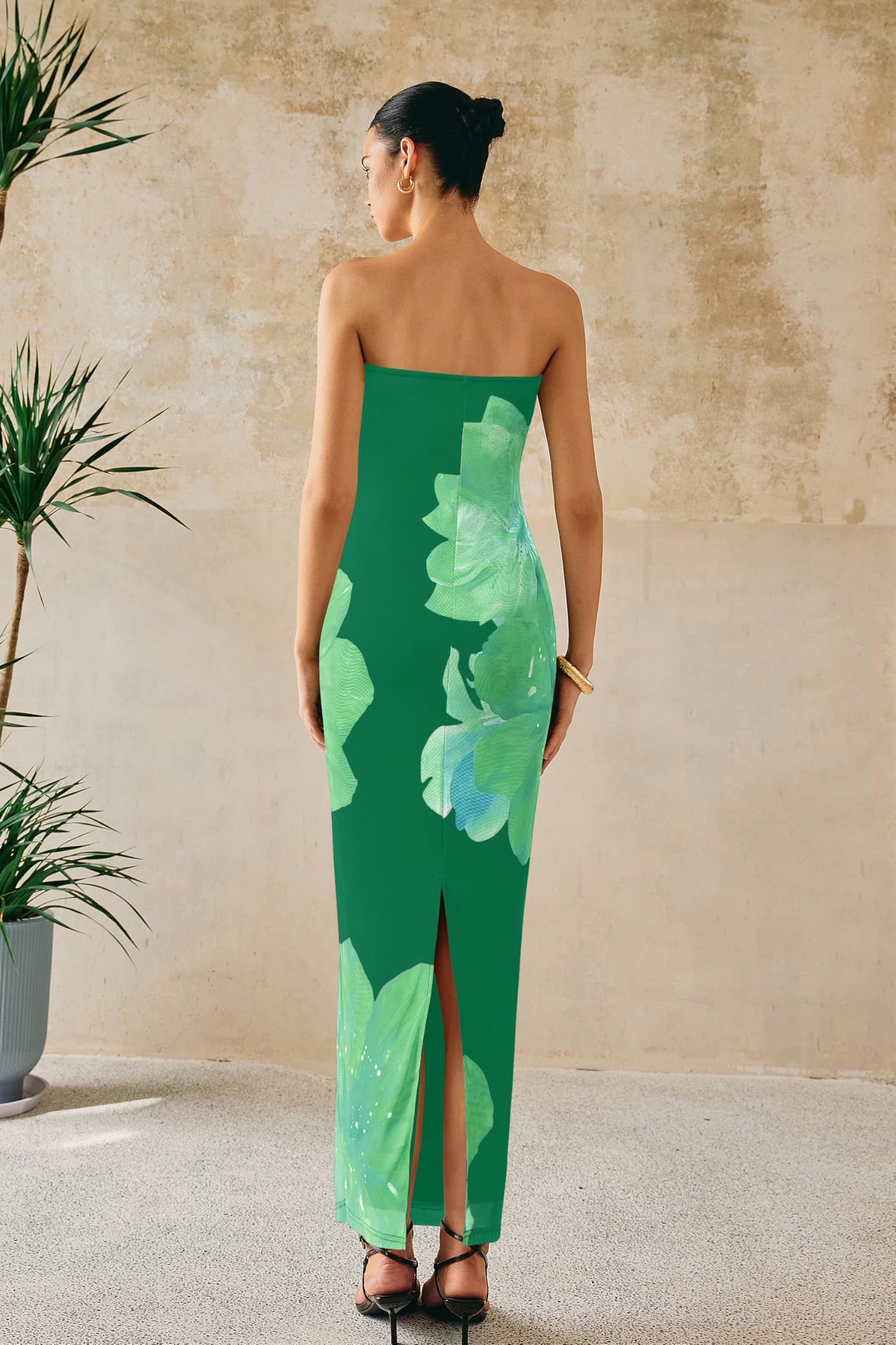 Foto 7 pulgar | Vestido Largo Prettygarden Para Mujer, Sin Tirantes, Floral, Verde, Xl - Venta Internacional.