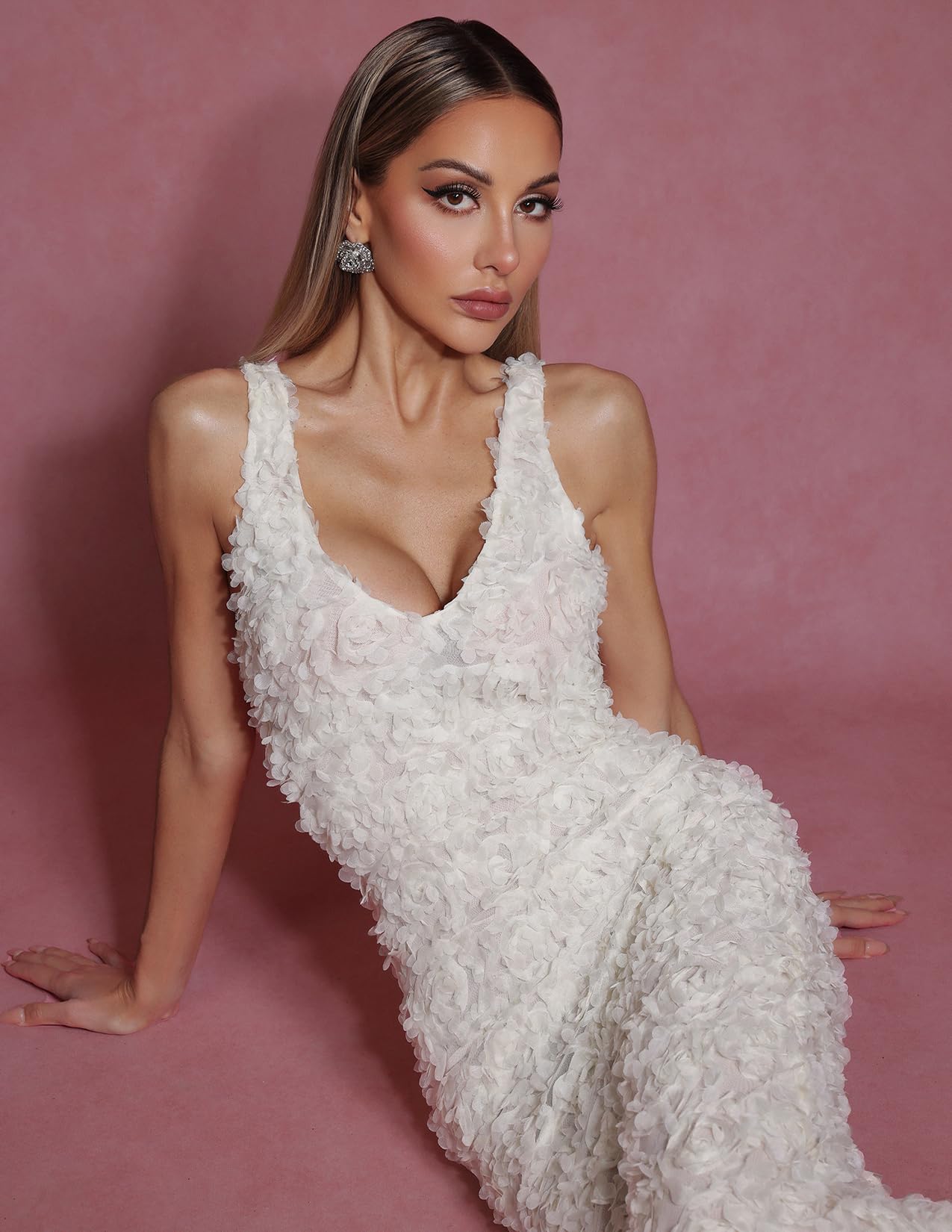 Foto 5 pulgar | Vestido De Noche Bella Barnett Exquisito Maxi Blanco Con Cuello En V - Venta Internacional.