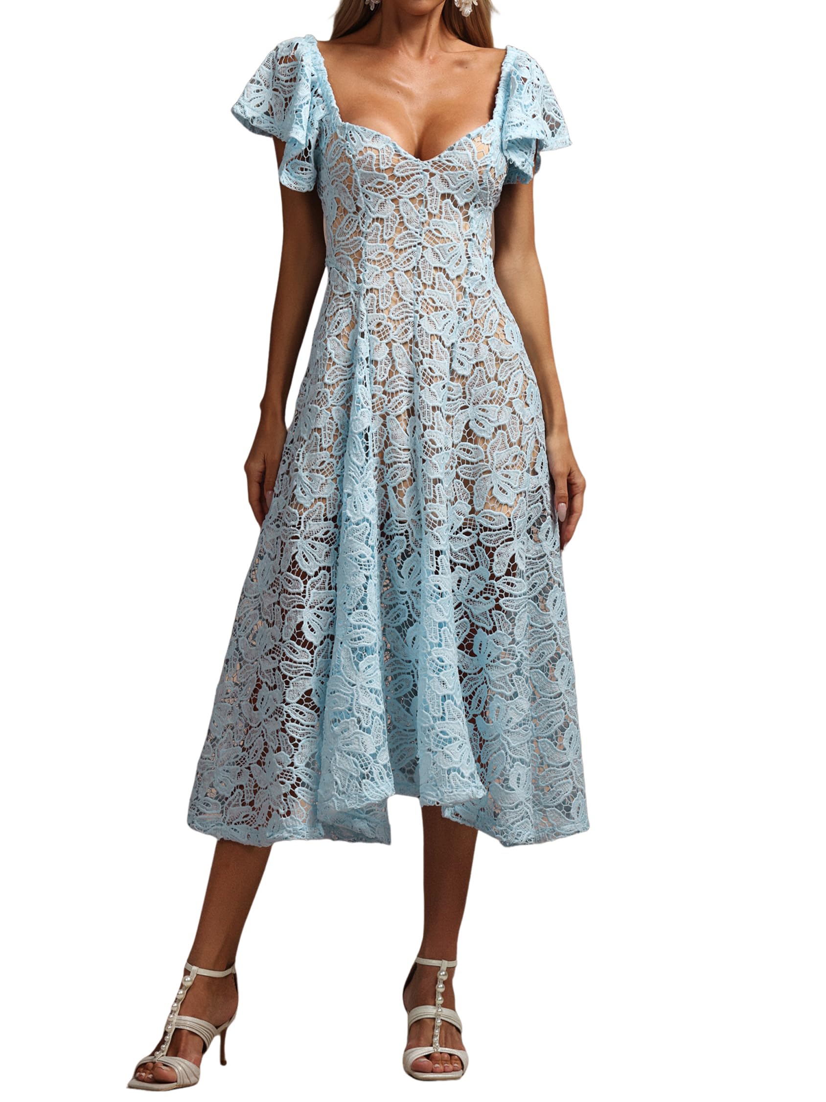 Foto 2 pulgar | Vestido Tsukko Azul Con Cuello En V Y Volantes, Flores Y Encaje Maxi Para Mujer - Venta Internacional.