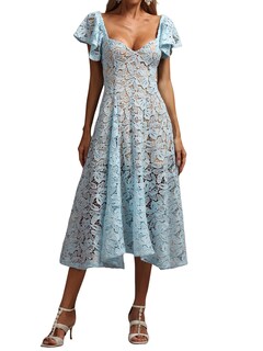 Foto 1 | Vestido Tsukko Azul Con Cuello En V Y Volantes, Flores Y Encaje Maxi Para Mujer - Venta Internacional.