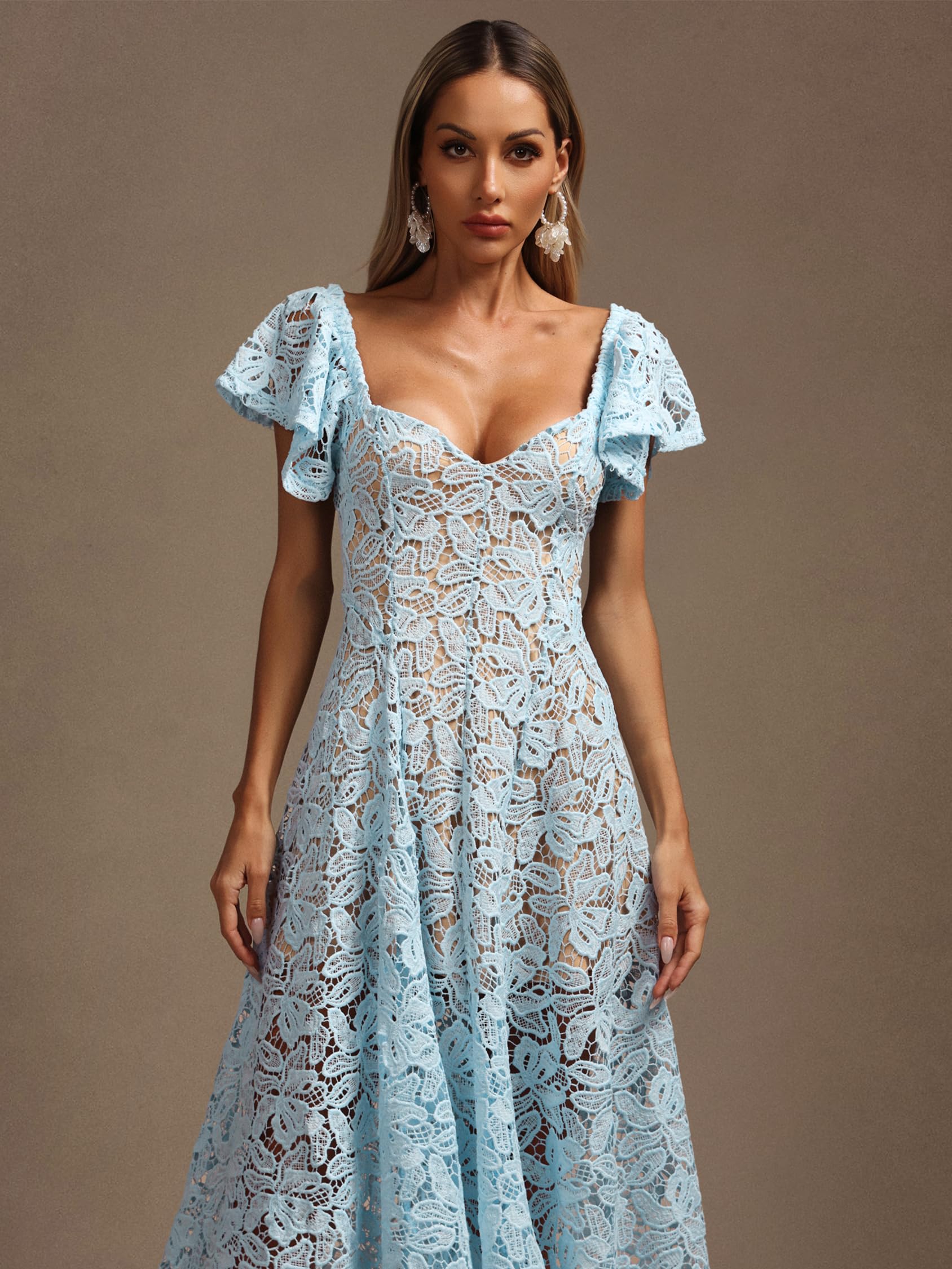 Foto 3 pulgar | Vestido Tsukko Azul Con Cuello En V Y Volantes, Flores Y Encaje Maxi Para Mujer - Venta Internacional.