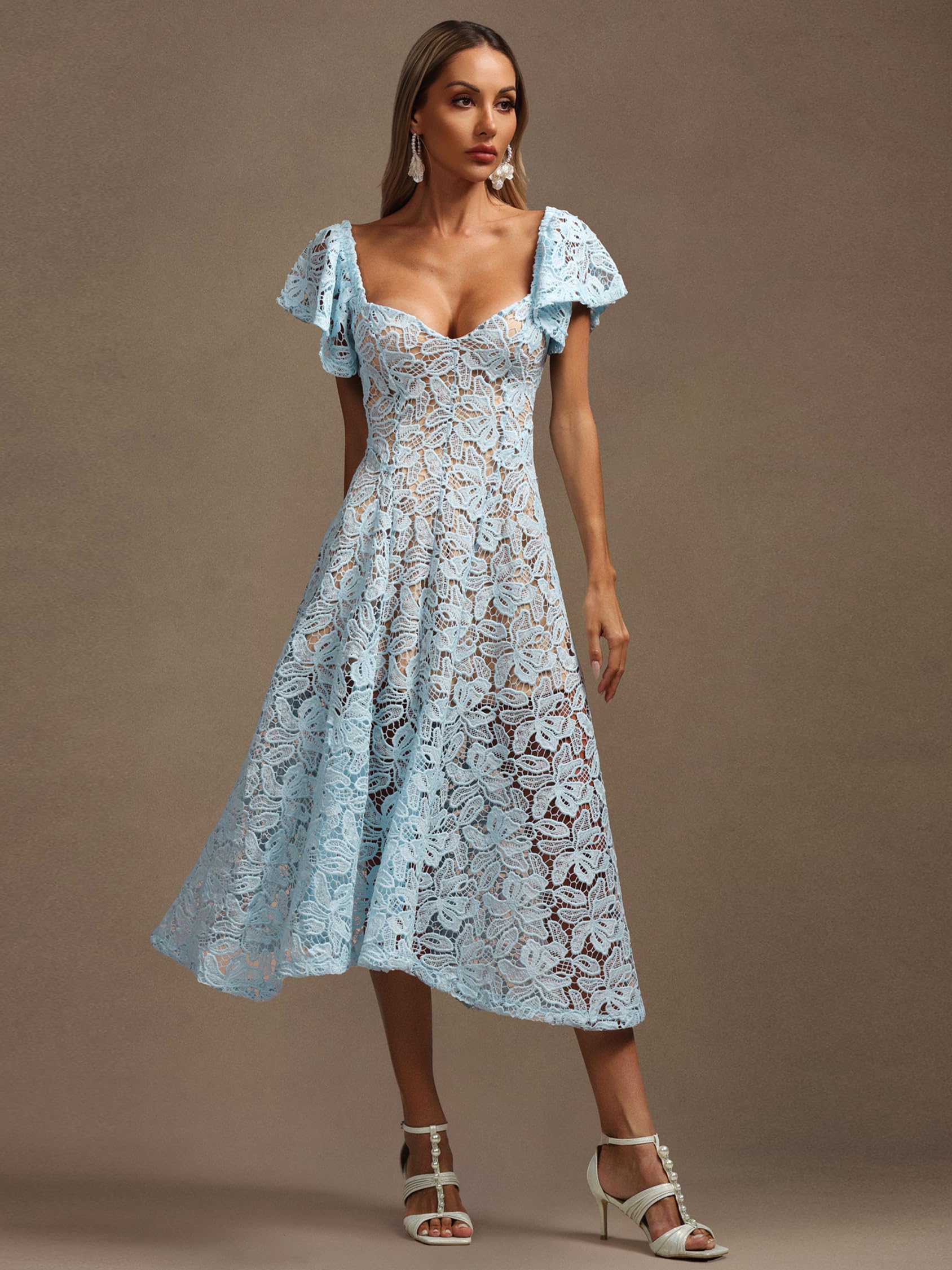 Foto 4 pulgar | Vestido Tsukko Azul Con Cuello En V Y Volantes, Flores Y Encaje Maxi Para Mujer - Venta Internacional.