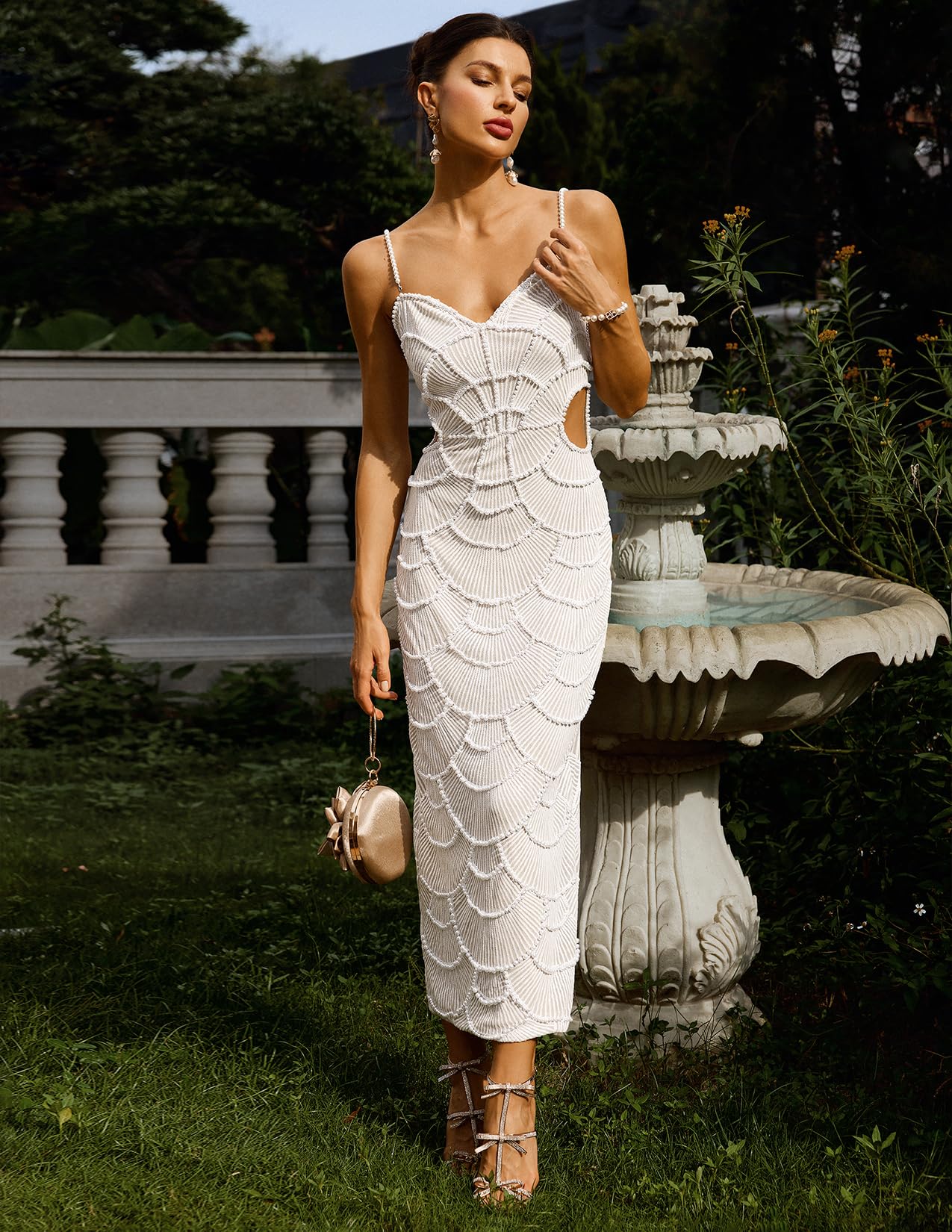 Foto 4 | Vestido De Noche Bella Barnett, Maxi Blanco Y Perlado Con Lentejuelas - Venta Internacional.
