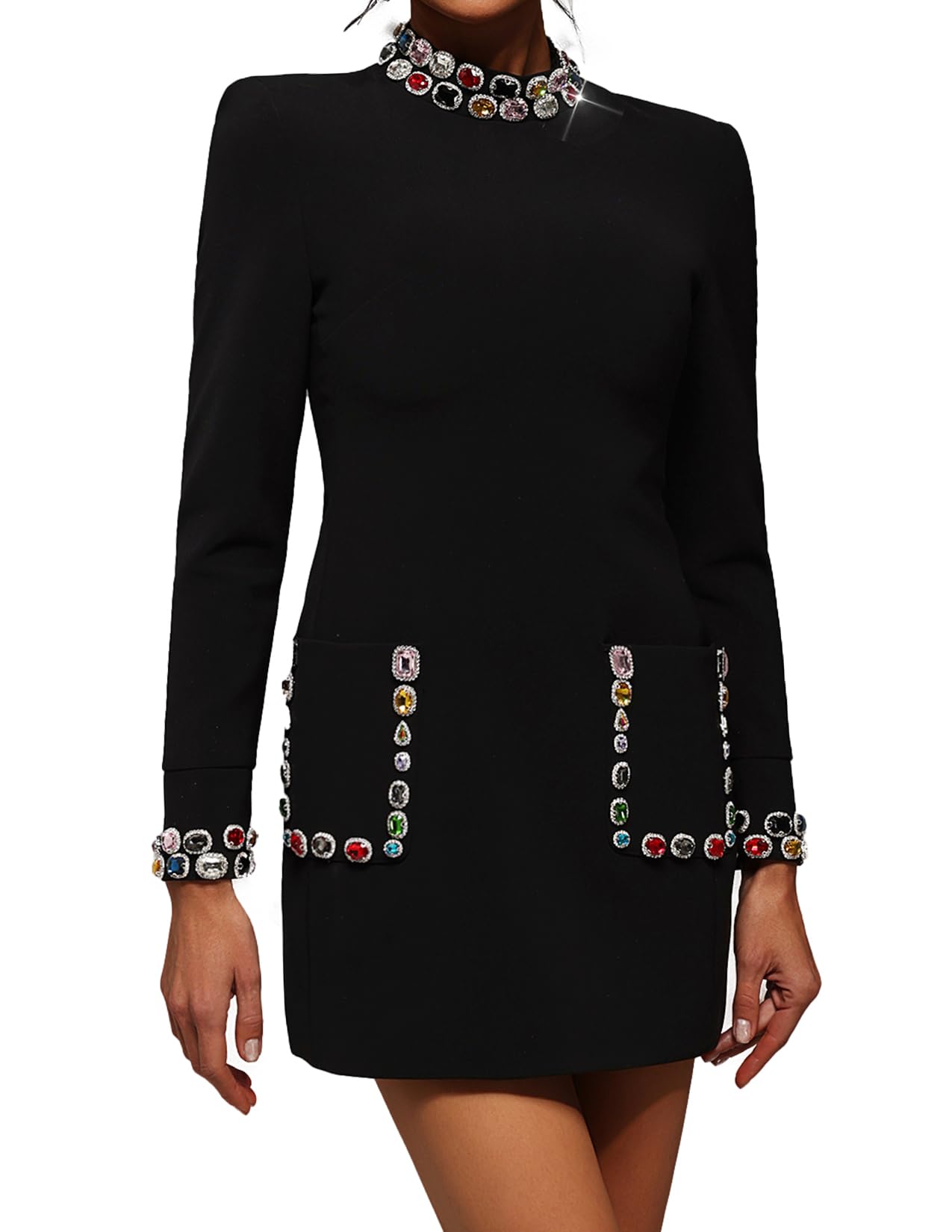Foto 1 | Vestido De Cóctel Tsukko Mini Negro De Manga Larga Con Strass - Venta Internacional.