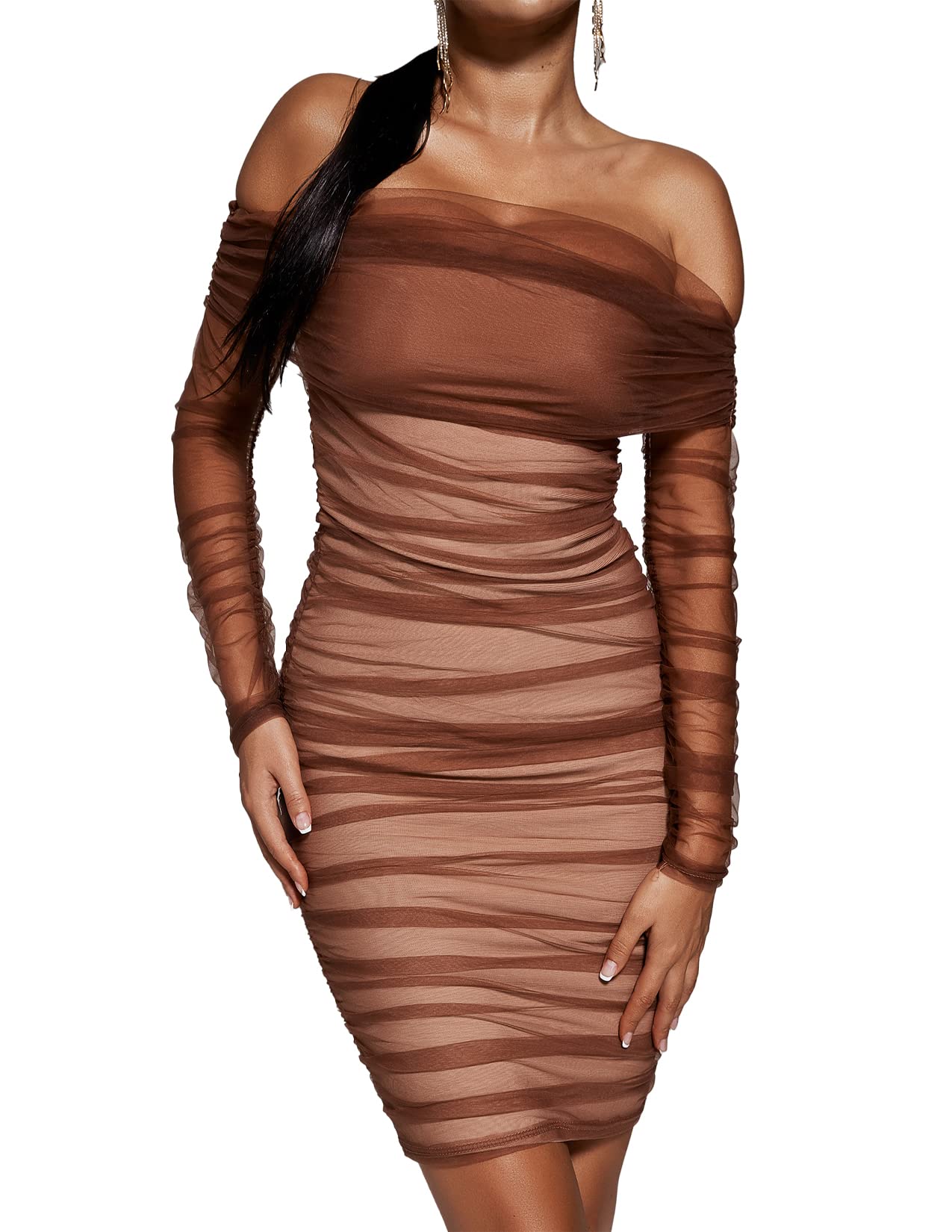 Foto 1 | Vestido Midi Bella Barnett Sexy Fruncido Con Hombros Descubiertos, Marrón - Venta Internacional.