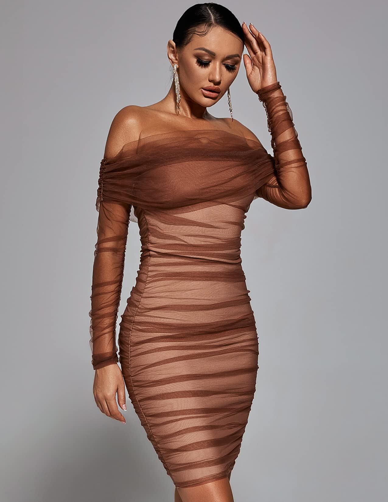 Foto 6 pulgar | Vestido Midi Bella Barnett Sexy Fruncido Con Hombros Descubiertos, Marrón - Venta Internacional.