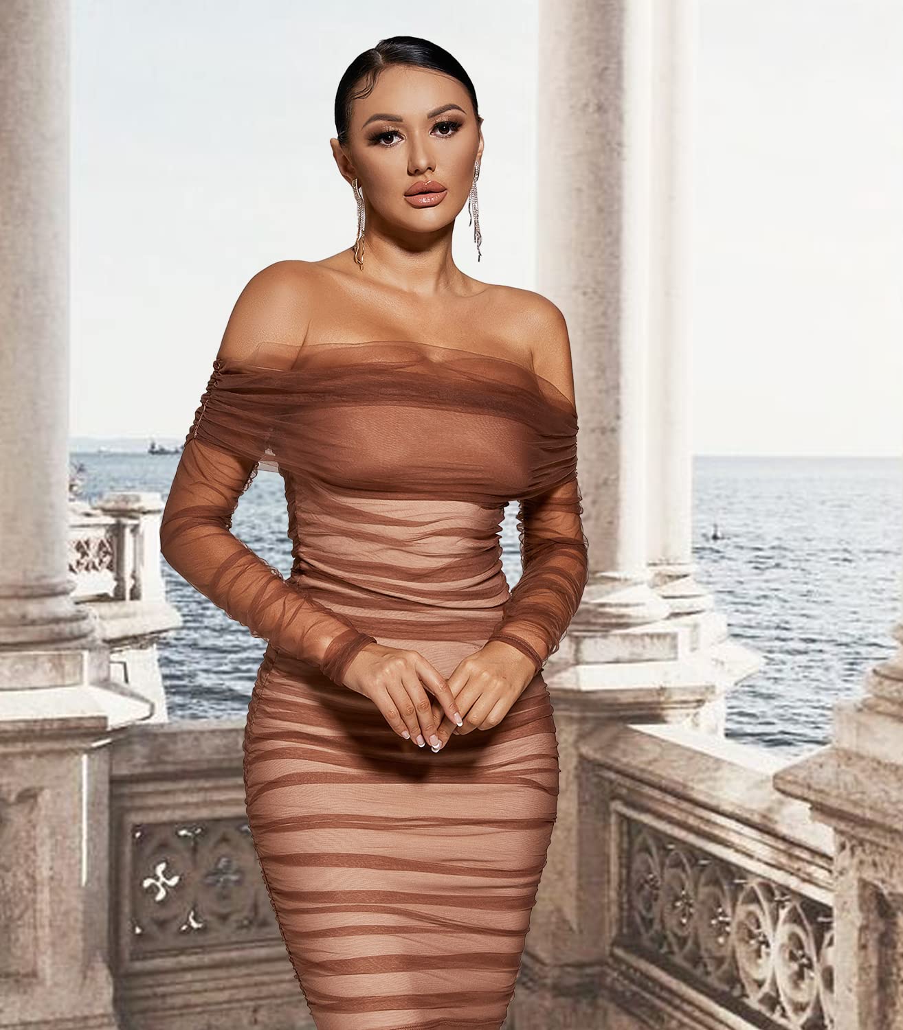 Foto 6 | Vestido Midi Bella Barnett Sexy Fruncido Con Hombros Descubiertos, Marrón - Venta Internacional.