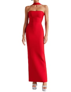 Foto 1 | Vestido Largo Bella Barnett Con Vendaje Rojo Liso, Vintage, Sin Tirantes - Venta Internacional.