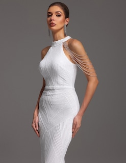 Foto 4 | Vestido Bella Barnett Fabuloso Blanco Con Cuello Alto Hoco Sin Mangas - Venta Internacional.