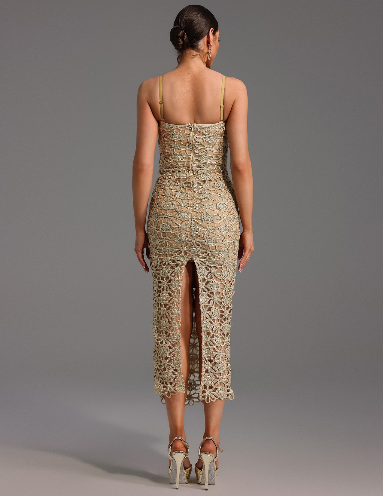 Foto 4 pulgar | Vestido Largo Ajustado Bella Barnett Beige Con Abertura Alta Y Abertura Alta - Venta Internacional.