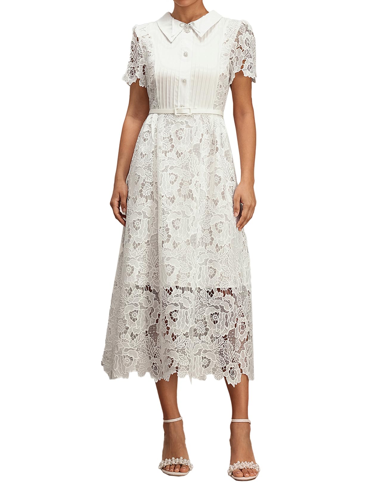 Vestido Tsukko Elegante De Encaje De Manga Corta Con Cuello Blanco - Venta Internacional.