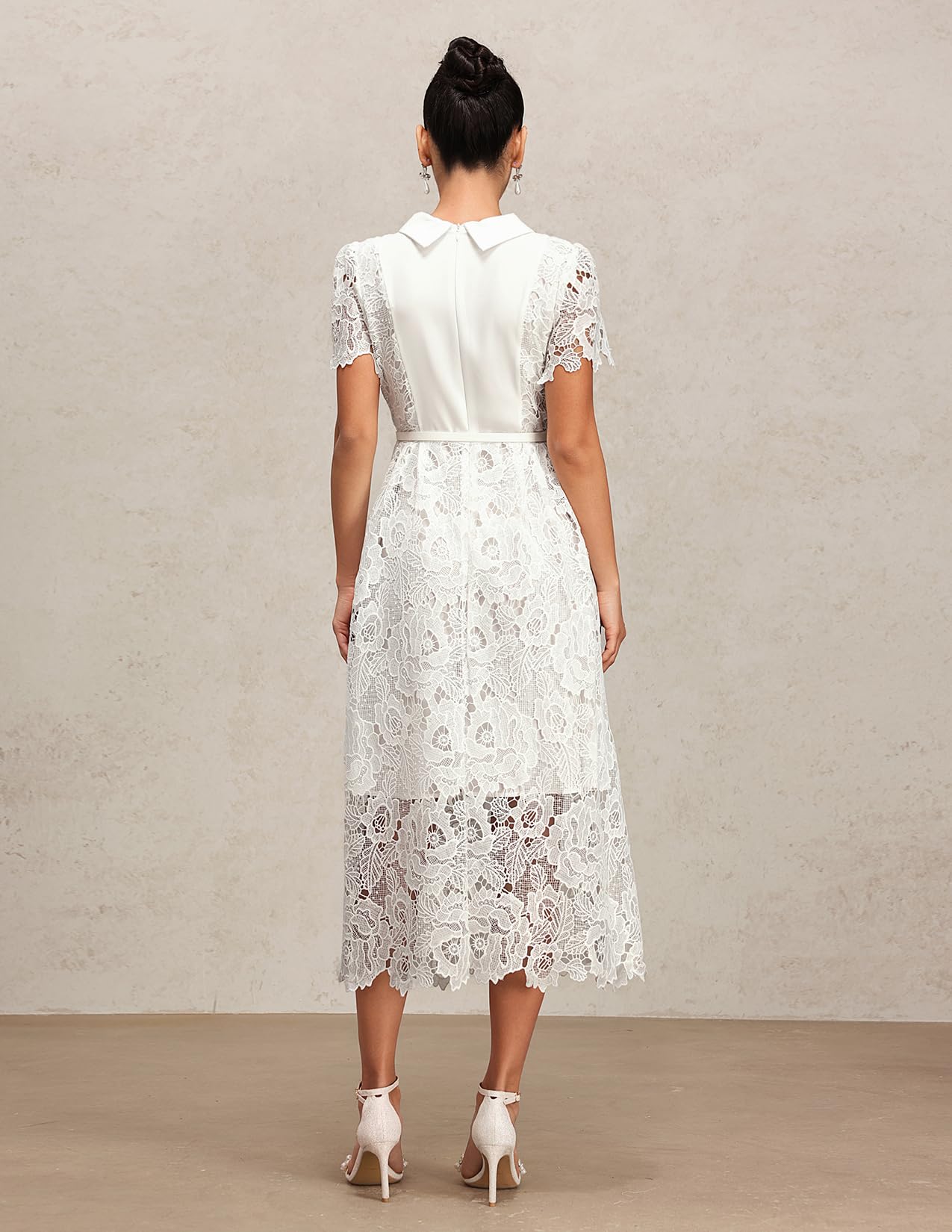Foto 3 | Vestido Tsukko Elegante De Encaje De Manga Corta Con Cuello Blanco - Venta Internacional.