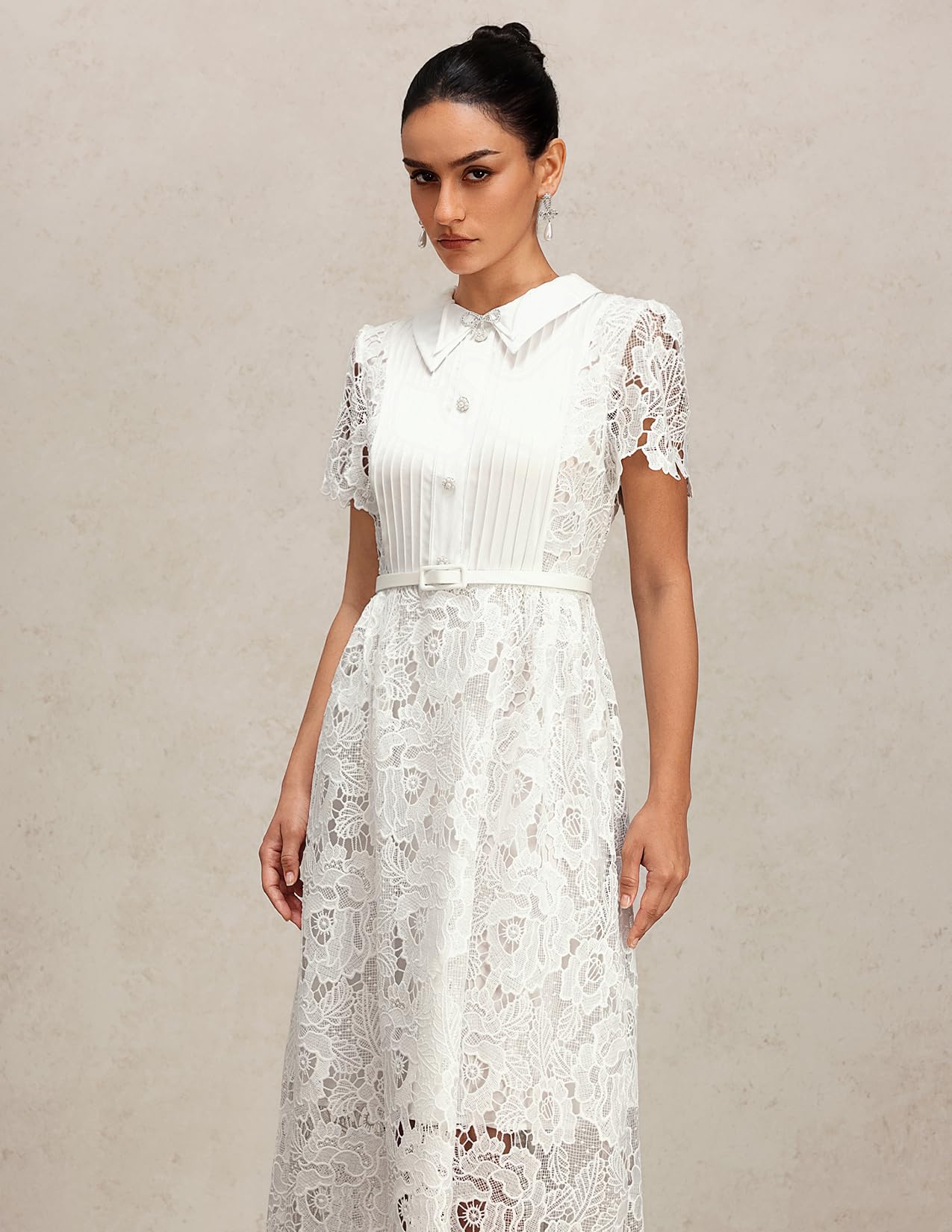 Foto 5 pulgar | Vestido Tsukko Elegante De Encaje De Manga Corta Con Cuello Blanco - Venta Internacional.
