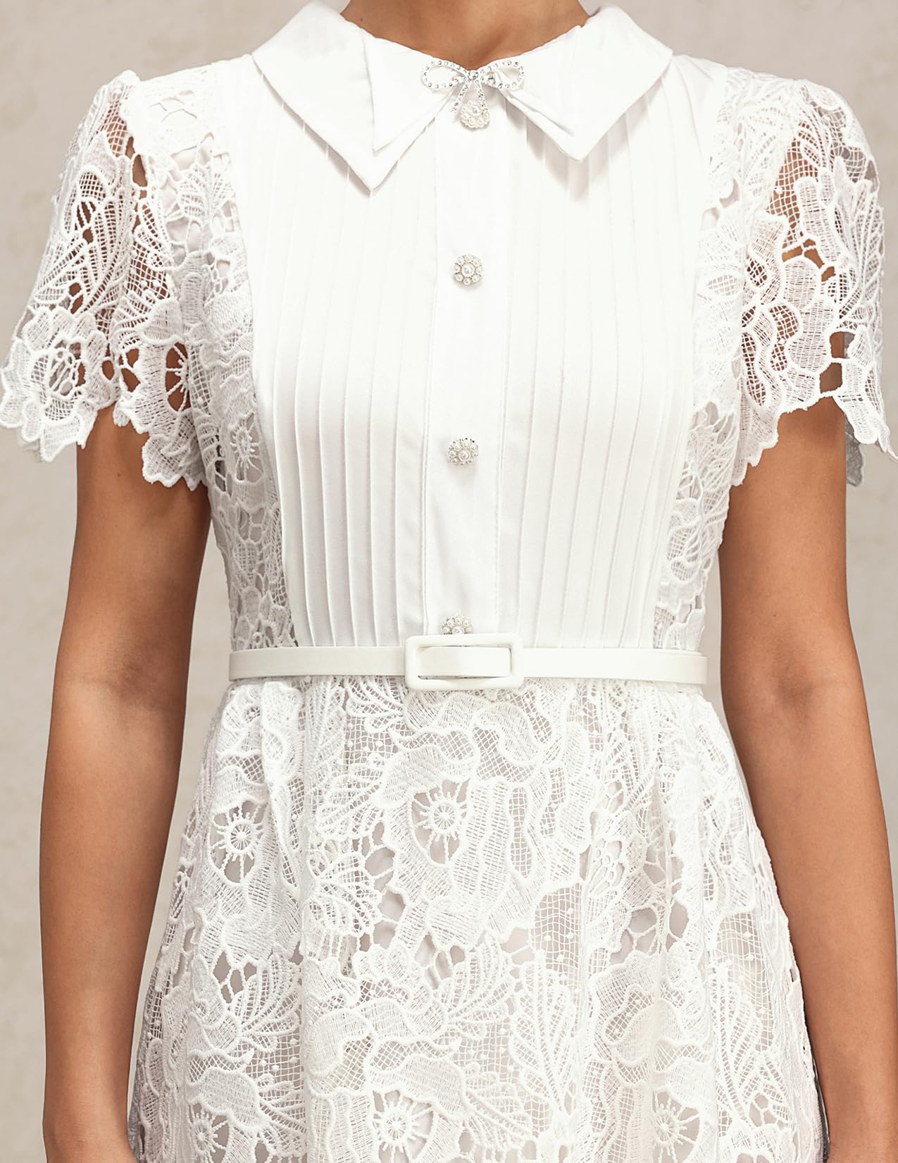 Foto 6 pulgar | Vestido Tsukko Elegante De Encaje De Manga Corta Con Cuello Blanco - Venta Internacional.