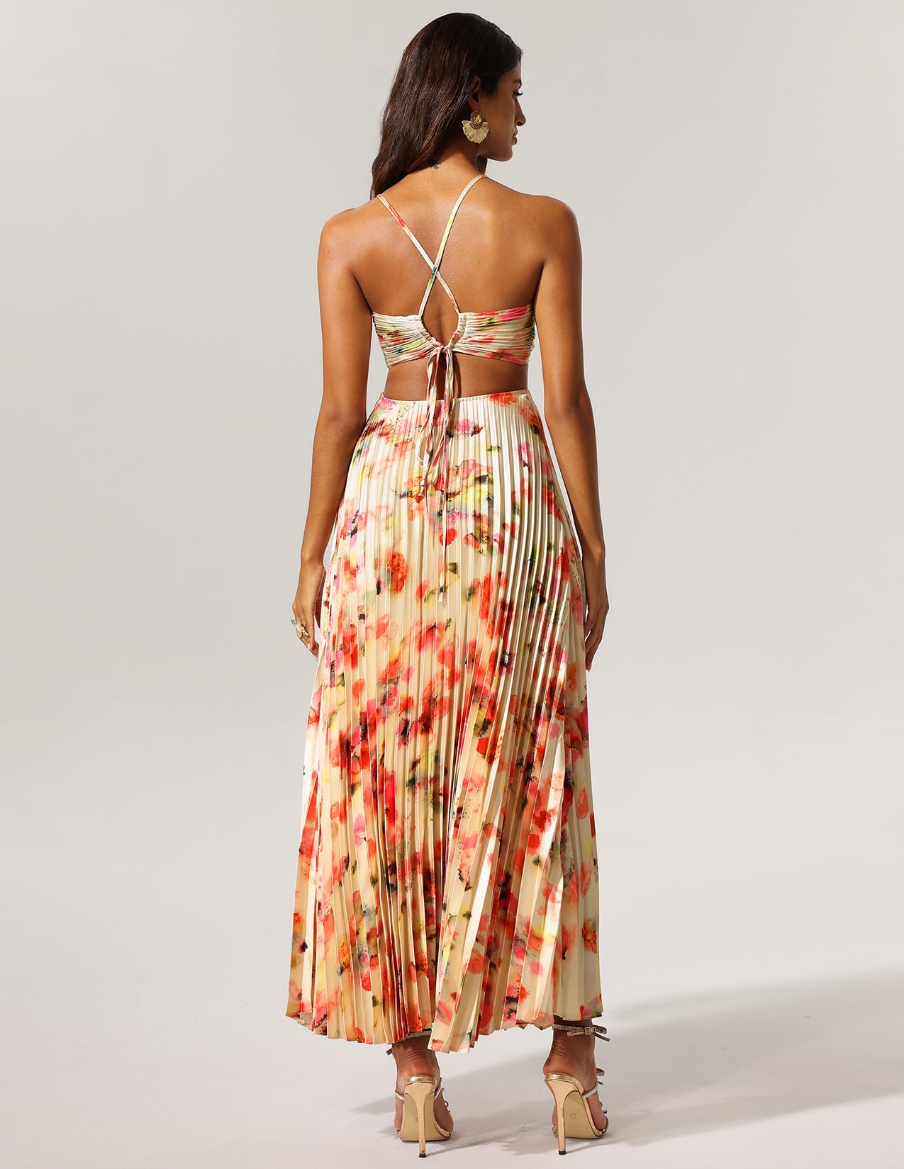 Foto 4 pulgar | Vestido Tsukko, Atractivo, Halter, Plisado, Con Estampado Floral, Para Playa - Venta Internacional.
