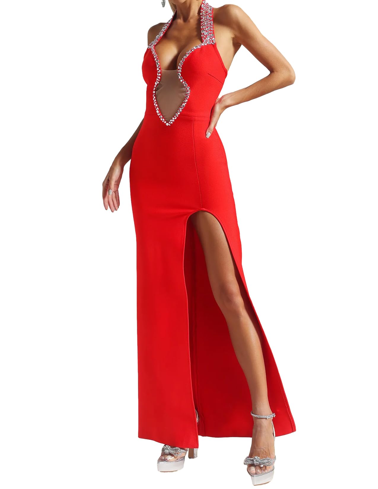 Foto 1 | Vestido Bella Barnett Con Vendaje De Strass Maxi Bodycon Rojo - Venta Internacional.