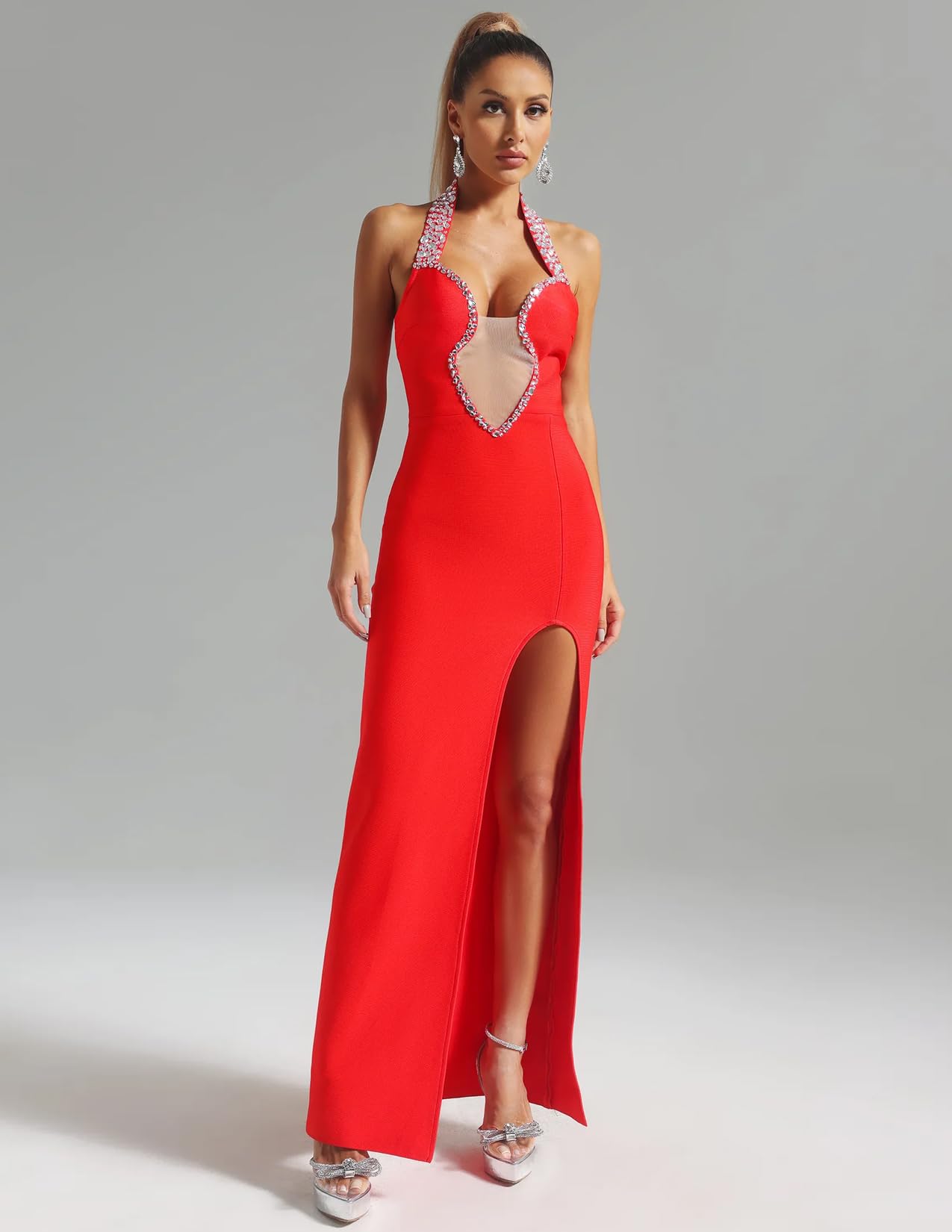 Foto 3 | Vestido Bella Barnett Con Vendaje De Strass Maxi Bodycon Rojo - Venta Internacional.