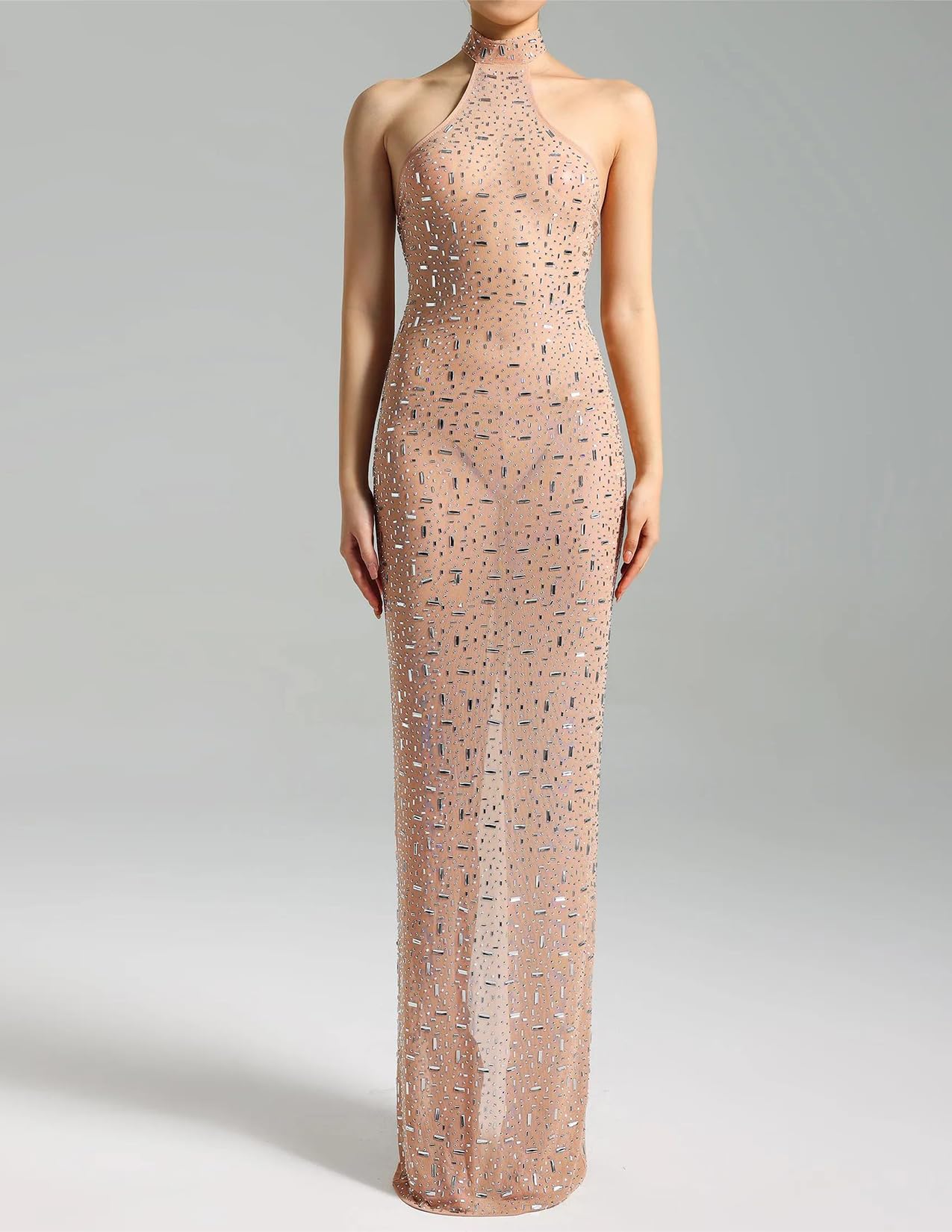 Foto 3 pulgar | Vestido Bella Barnett De Malla Beige Con Strass Sin Mangas - Venta Internacional.