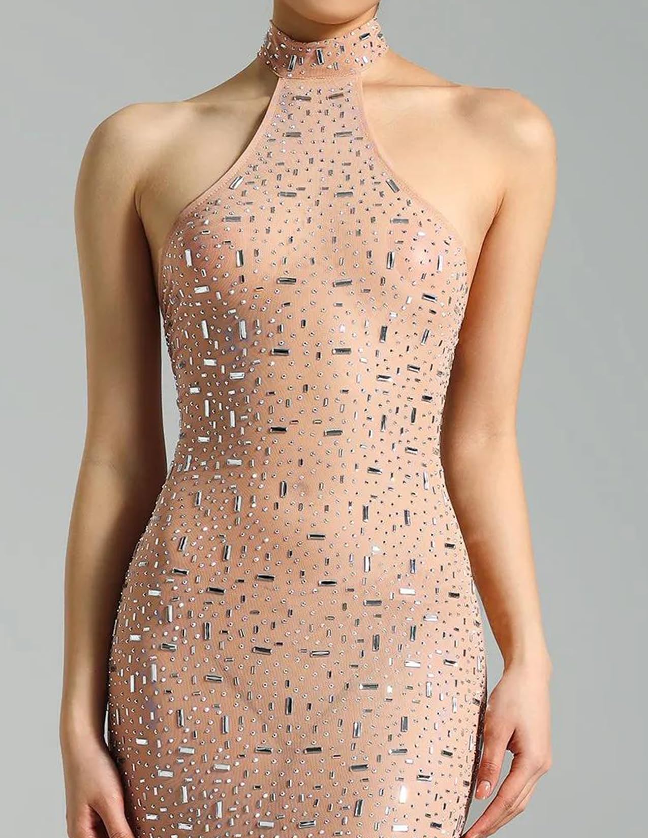 Foto 5 pulgar | Vestido Bella Barnett De Malla Beige Con Strass Sin Mangas - Venta Internacional.