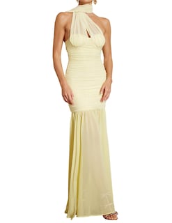 Foto 1 | Vestido Bella Barnett, Amarillo, Glamuroso Y Fluido, Halter, De Malla Fruncida - Venta Internacional.