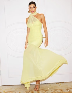 Foto 2 | Vestido Bella Barnett, Amarillo, Glamuroso Y Fluido, Halter, De Malla Fruncida - Venta Internacional.