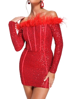 Foto 1 | Vestido De Lentejuelas Bella Barnett Feather Con Un Hombro Rojo Para Mujer - Venta Internacional.