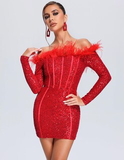 Foto 3 | Vestido De Lentejuelas Bella Barnett Feather Con Un Hombro Rojo Para Mujer - Venta Internacional.