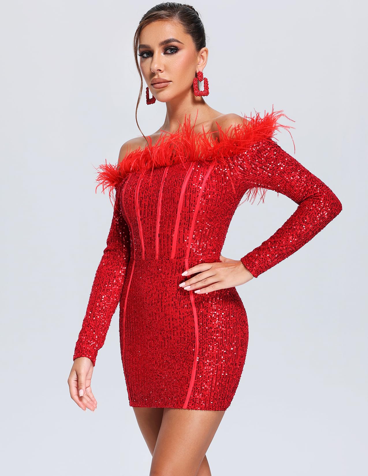 Foto 5 pulgar | Vestido De Lentejuelas Bella Barnett Feather Con Un Hombro Rojo Para Mujer - Venta Internacional.