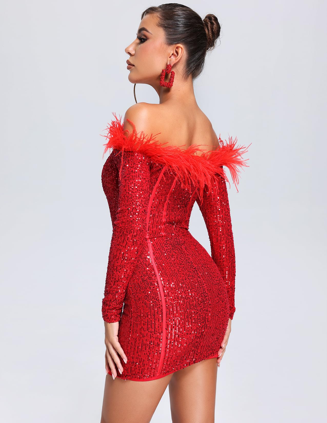 Foto 5 | Vestido De Lentejuelas Bella Barnett Feather Con Un Hombro Rojo Para Mujer - Venta Internacional.