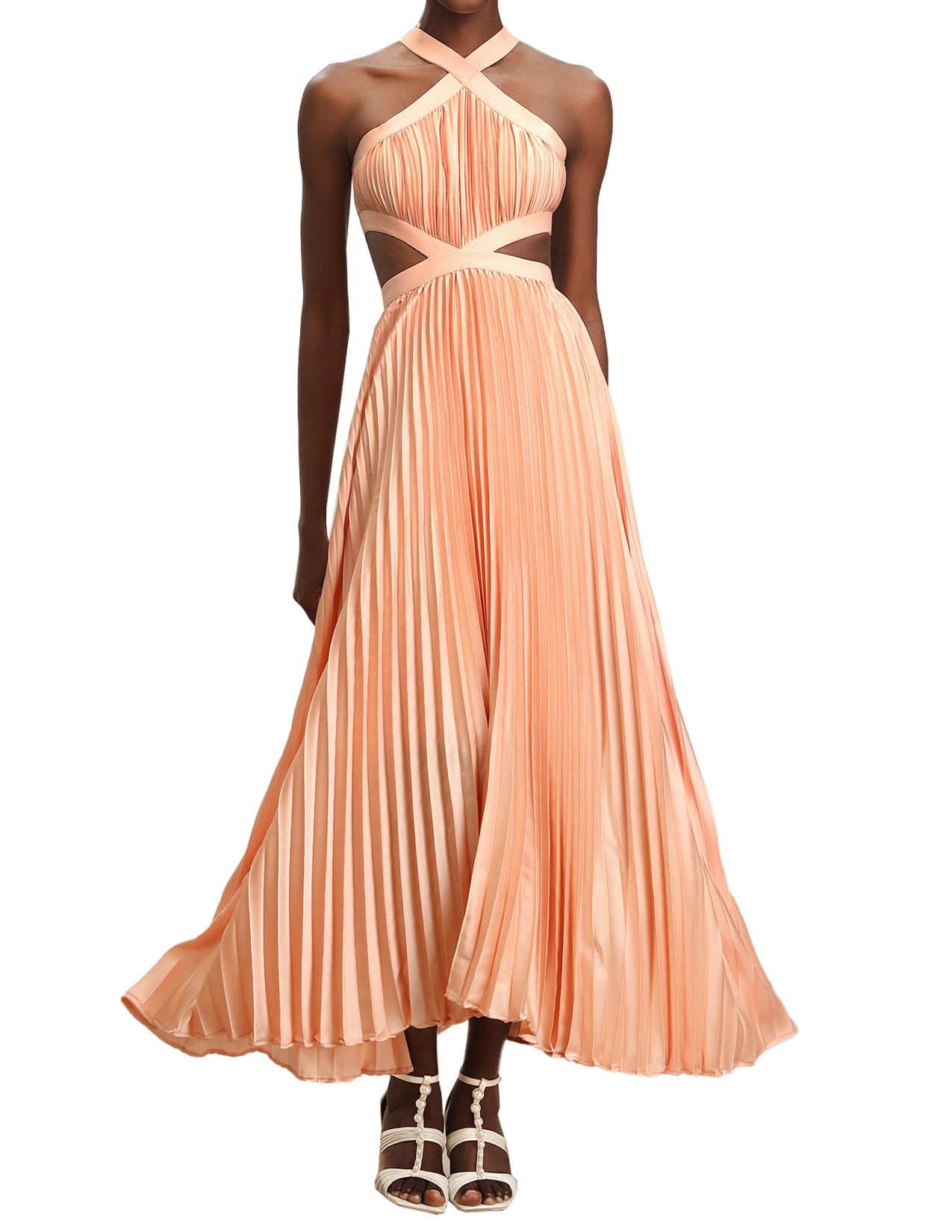 Foto 2 pulgar | Vestido Tsukko, Elegante, De Gasa, Color Melocotón, Cuello Halter Cruzado - Venta Internacional.