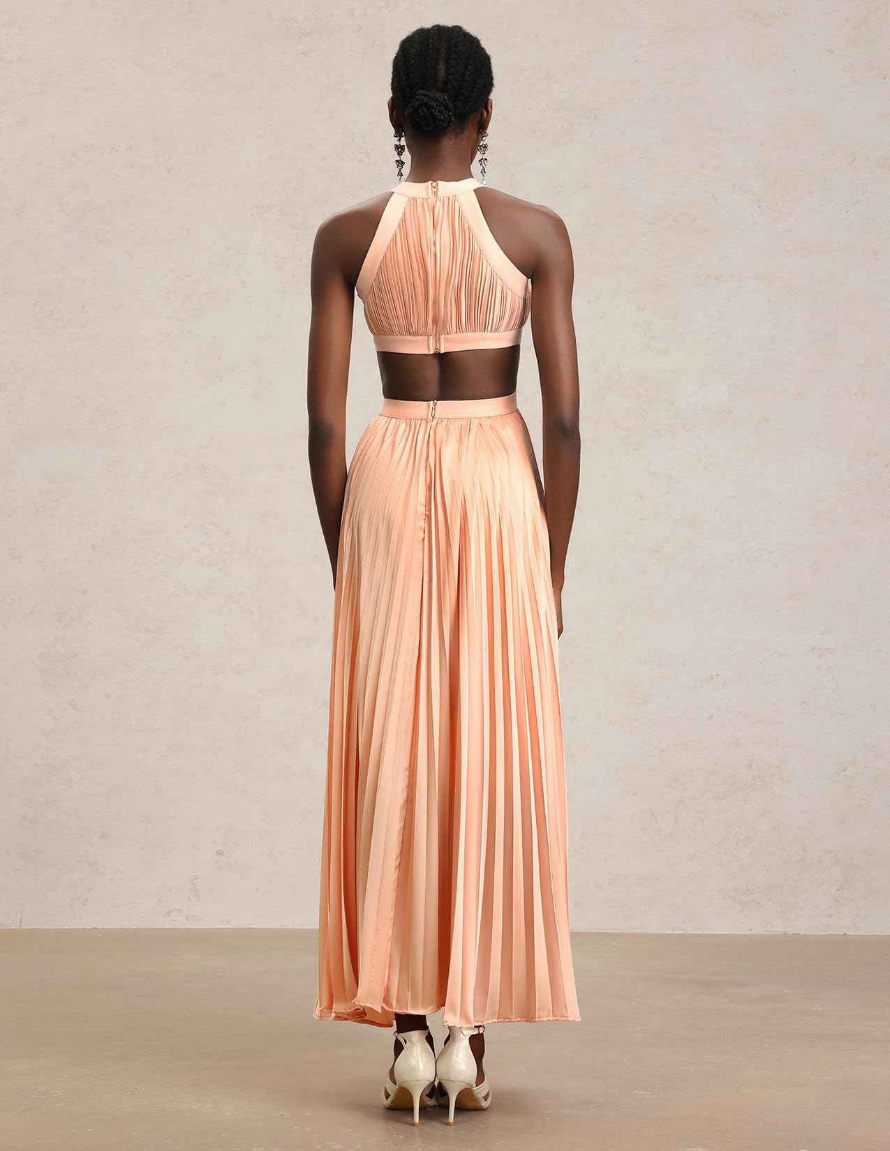 Foto 4 pulgar | Vestido Tsukko, Elegante, De Gasa, Color Melocotón, Cuello Halter Cruzado - Venta Internacional.