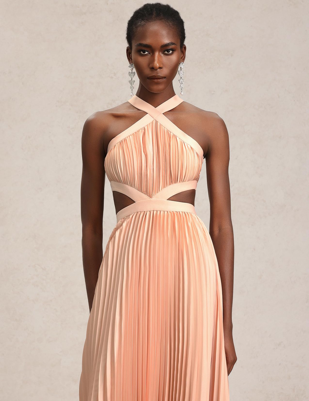 Foto 4 | Vestido Tsukko, Elegante, De Gasa, Color Melocotón, Cuello Halter Cruzado - Venta Internacional.