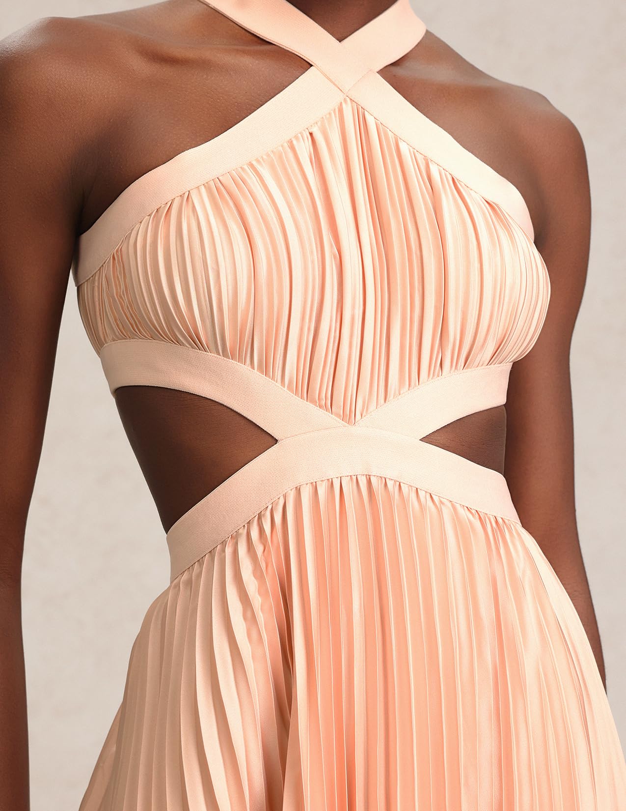Foto 6 pulgar | Vestido Tsukko, Elegante, De Gasa, Color Melocotón, Cuello Halter Cruzado - Venta Internacional.