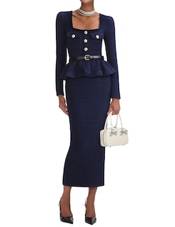 Foto 1 | Vestido Largo Ajustado Tsukko De Manga Larga En Tweed Con Volantes Azules - Venta Internacional.