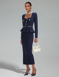 Foto 2 | Vestido Largo Ajustado Tsukko De Manga Larga En Tweed Con Volantes Azules - Venta Internacional.