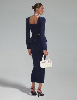 Foto 3 | Vestido Largo Ajustado Tsukko De Manga Larga En Tweed Con Volantes Azules - Venta Internacional.