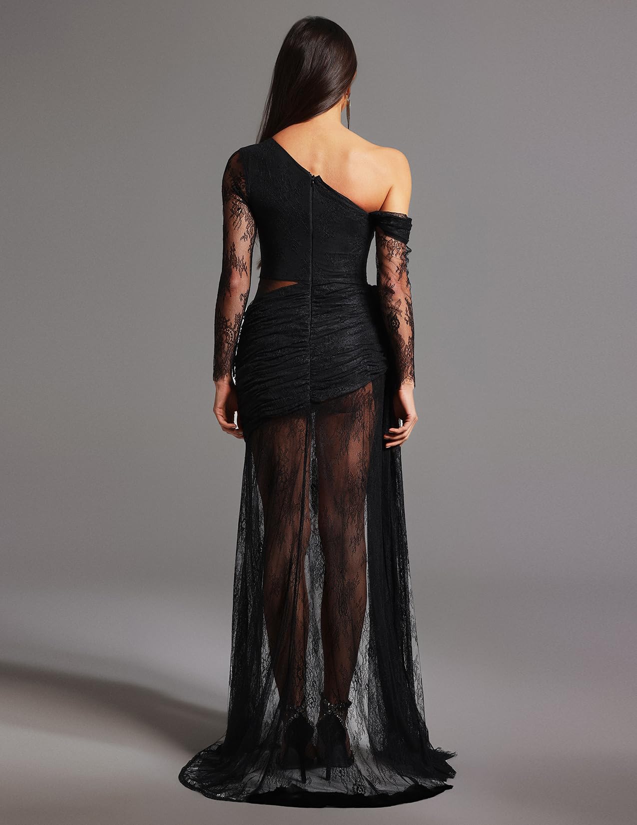 Foto 4 pulgar | Vestido Ajustado Tsukko Maxi De Encaje Negro Con Un Solo Hombro Y Fruncido - Venta Internacional.