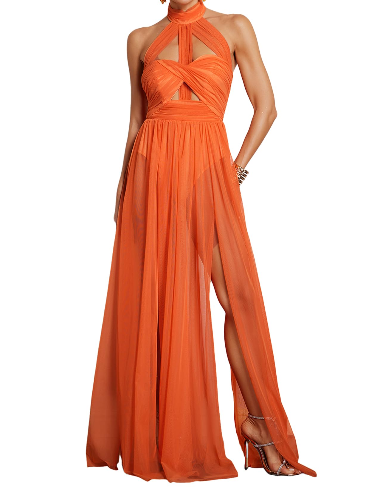 Foto 2 pulgar | Vestido Bella Barnett De Malla Holgada Con Forma De Halter Torcido Naranja - Venta Internacional.