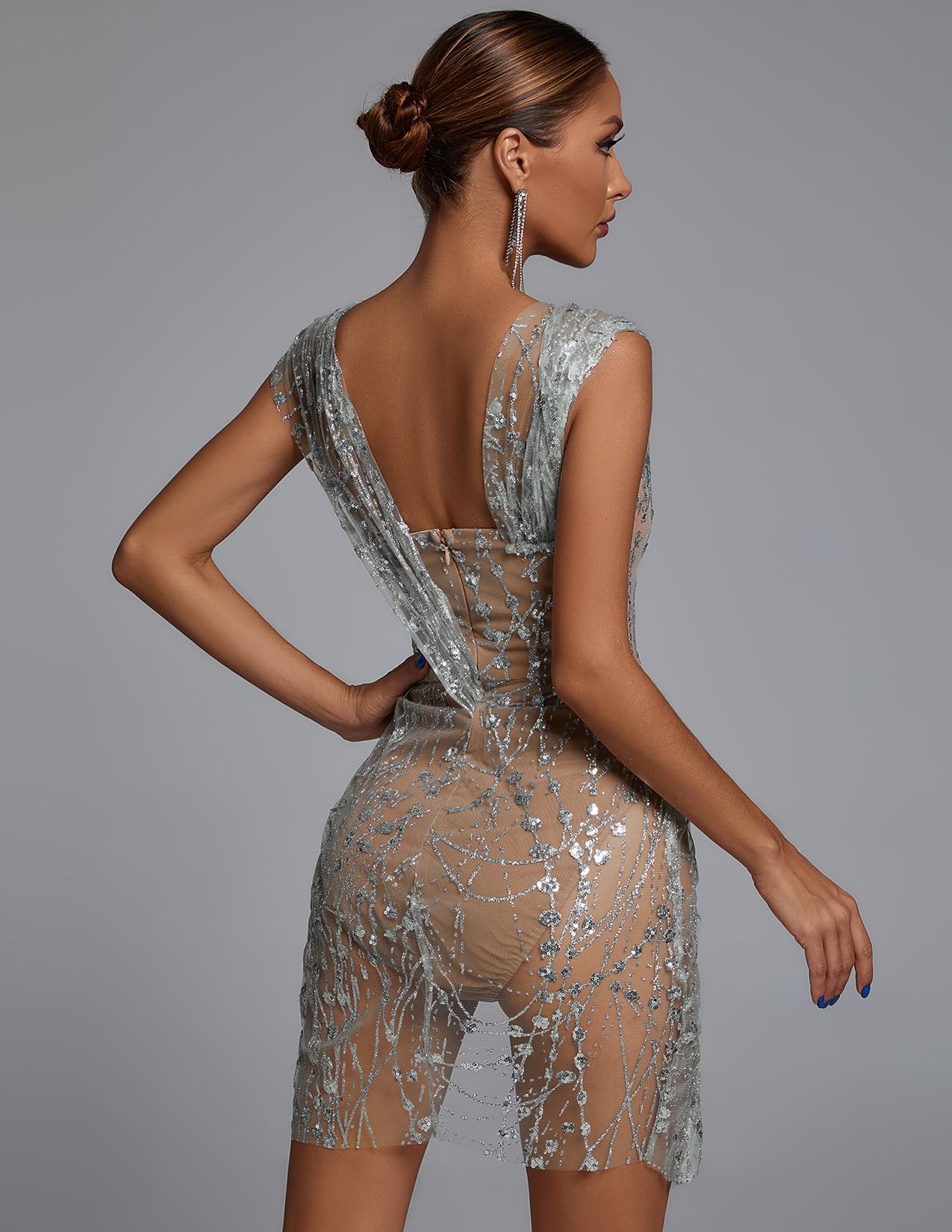 Foto 4 pulgar | Vestido Bella Barnett Sparkly Midi Mesh Club Party Plateado - Venta Internacional.