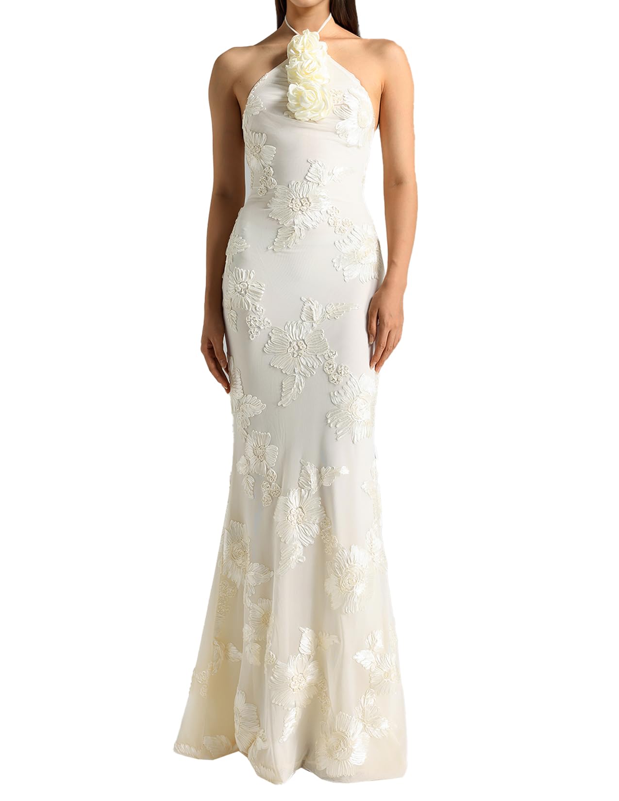 Foto 2 pulgar | Vestido Bella Barnett Con Bordado Blanco, Halter, Maxi Bodycon Para Mujer - Venta Internacional.