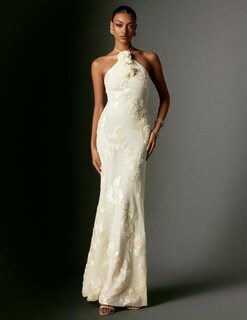 Foto 2 | Vestido Bella Barnett Con Bordado Blanco, Halter, Maxi Bodycon Para Mujer - Venta Internacional.