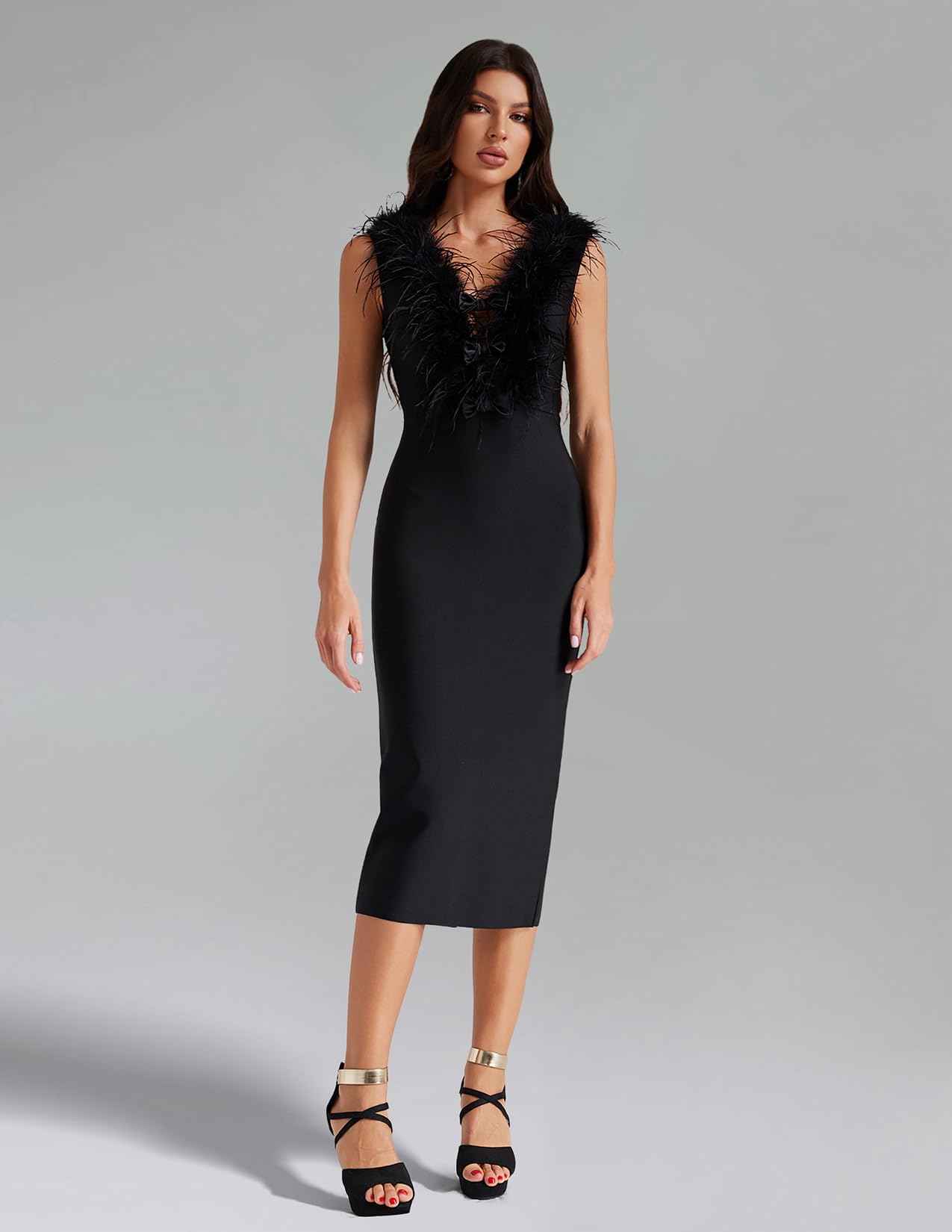 Foto 4 pulgar | Vestido Bella Barnett Con Cuello En V, Vendaje Negro Con Plumas, Sin Mangas - Venta Internacional.