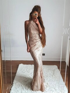 Foto 3 | Vestido Bella Barnett Con Cuello Halter Y Lentejuelas Maxi Rosa Para Mujer - Venta Internacional.