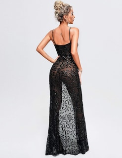 Foto 4 | Vestido Largo Bella Barnett, Brillante, Cuello En V, Negro Transparente - Venta Internacional.
