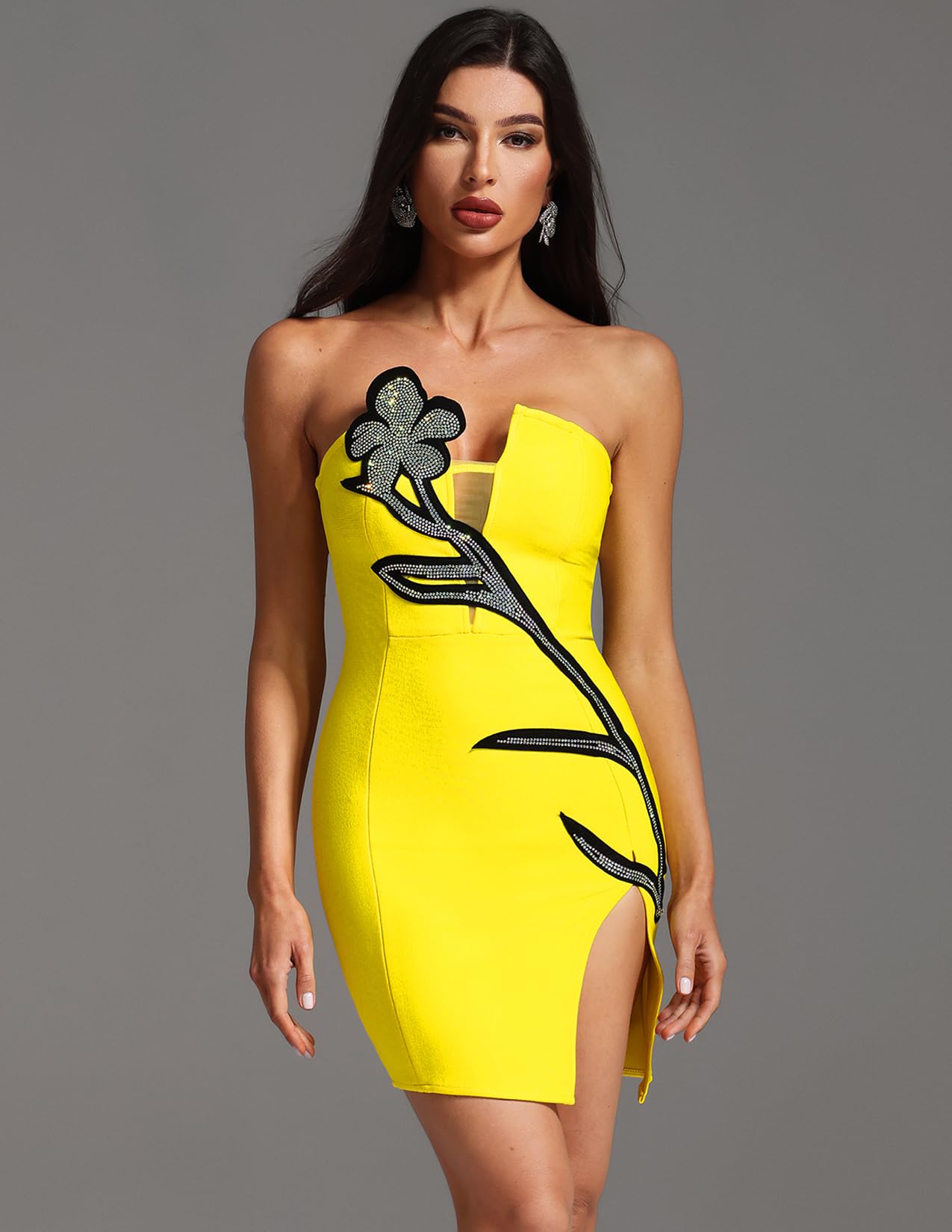 Foto 3 pulgar | Vestido Bella Barnett Atractivo Sin Tirantes Amarillo Con Abertura Alta - Venta Internacional.