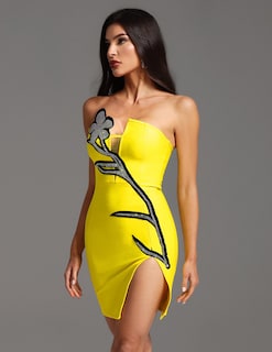 Foto 3 | Vestido Bella Barnett Atractivo Sin Tirantes Amarillo Con Abertura Alta - Venta Internacional.