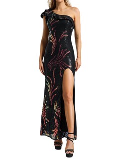 Foto 1 | Vestido Bella Barnett Negro Con Lentejuelas Y Volantes En Un Solo Hombro - Venta Internacional.